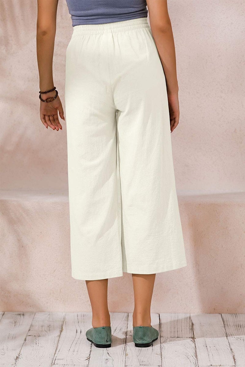 ECUPPER Womens Cotton Cropped Pants Loose Fit Wide Leg Capri Casual Plus Size Elastic Waist Trousers White M - Image 3